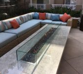 Custom Montecito fire pit table with Quartzite top.