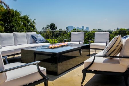 Famosa fire pit table in polished Black Pearl Granite.