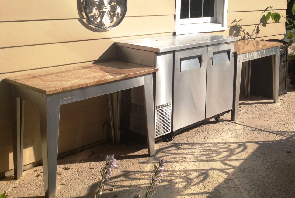 Custom Laguna outdoor kitchen table with Cafe Creme granite top