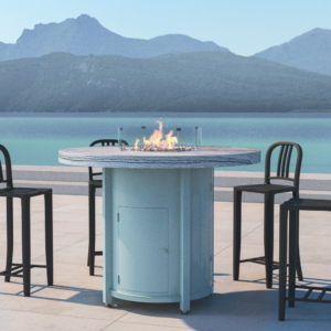 Bar height round fire pit table with stone top